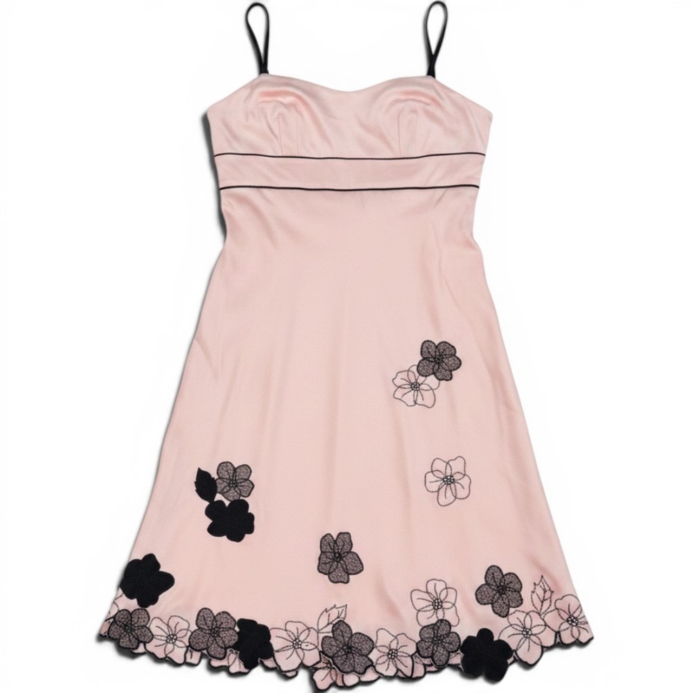 Express 100% Silk Peach Pink Black Floral Lace Scalloped Hem Midi Dress Y2K